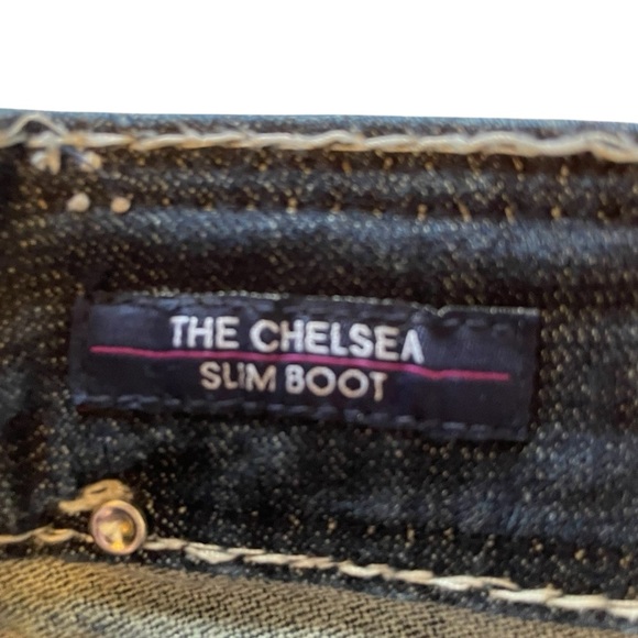 Vigoss Women's Blue Jeans-Size 18/33 White Stitching-Chelsea Slim Boot-Bling - Picture 16 of 16